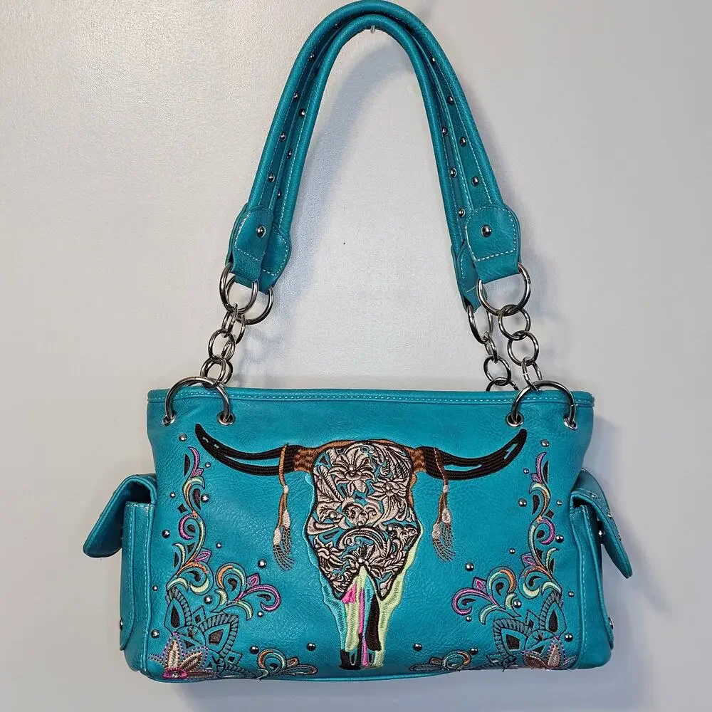P & G Western Leather Concealed Carry Embroidered Steer Head Purse Handbag